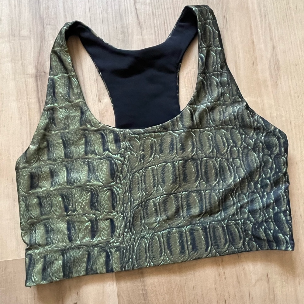 Sports bra. Color black/ olive green. Size: small
